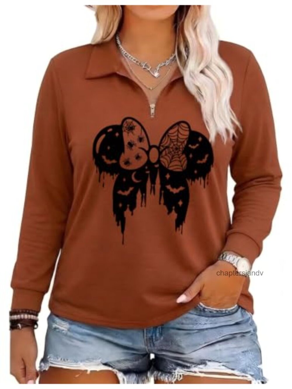 Plus Size Halloween Witch Graphic Quarter Zip V-Neck Short Sleeve Tee